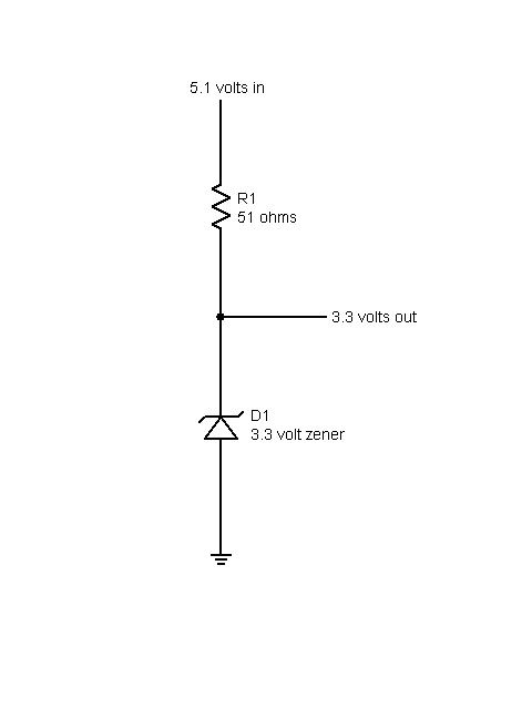 This is the 3.3 volt circuit.  It is very simple.  It's just a zener diode and a resistor.  Because the battery voltage in a car can vary, I powered the zener circuit with the regulated 5.1 volts.  Both 5.1 and 3.3 voltages are very stable and noise free.  Both circuits were tested with unfiltered 12 volts DC applied.