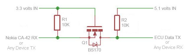 This circuit shows a bidirectional voltage shifter.  This Application Note provides more detail.  The technique is unique because it uses a single MOSFET transistor and is bi-directional.  I used a BS170 MOSFET because that's what I had laying around.  There are better choices but this is what I already had and it works fine.  The drawing shows how I am using this, read the application note and research what will work for you.  And YES ALL THREE circuits are in that little thing!!!