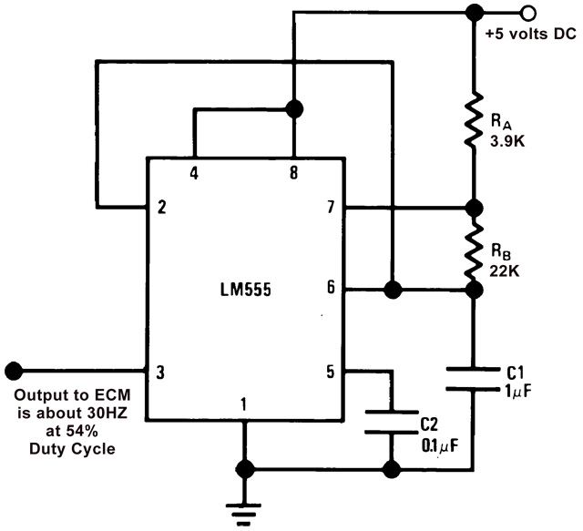 This is the circuit potted in the AllSpark Cube.  It outputs a 5 volt DC, 30 Hz, 54% duty cycle square wave.  This is the signal that tells the ECM to enable fuel and spark.  Without this enable signal the car would not run.