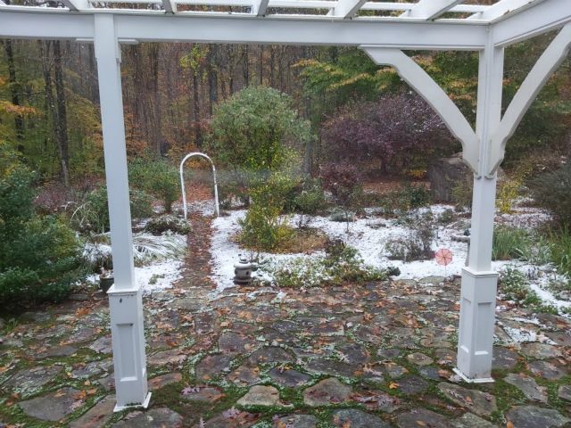 The first snow fall of the season.  Just enough to cover the grass and mulch.