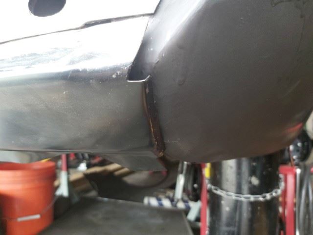 There was so much missing material when I put the quarter panel skins on I was off about a quarter of an inch.  This picture shows where the valance panel meet the passenger's side rear quarter and there is no gap but should be a quarter of an inch.